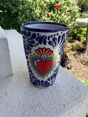 Mexican Talavera Style Sacred Heart Vase Cobalt Blue White Folk Art Pottery